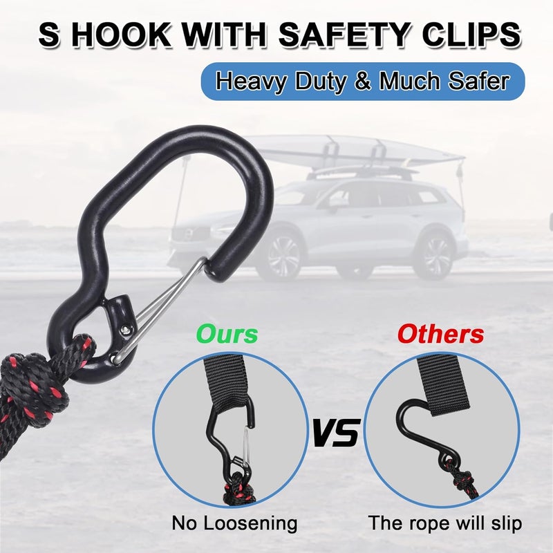 EXVITAL 4PCS Kayak Rope Tie Down Ratchet Straps 1/4" ×12' Bow and Stern Tie Down Kayak with Safety S Hook Heavy Duty Ratchet Rope Kayak and Canoe Accessories Black - Image 2